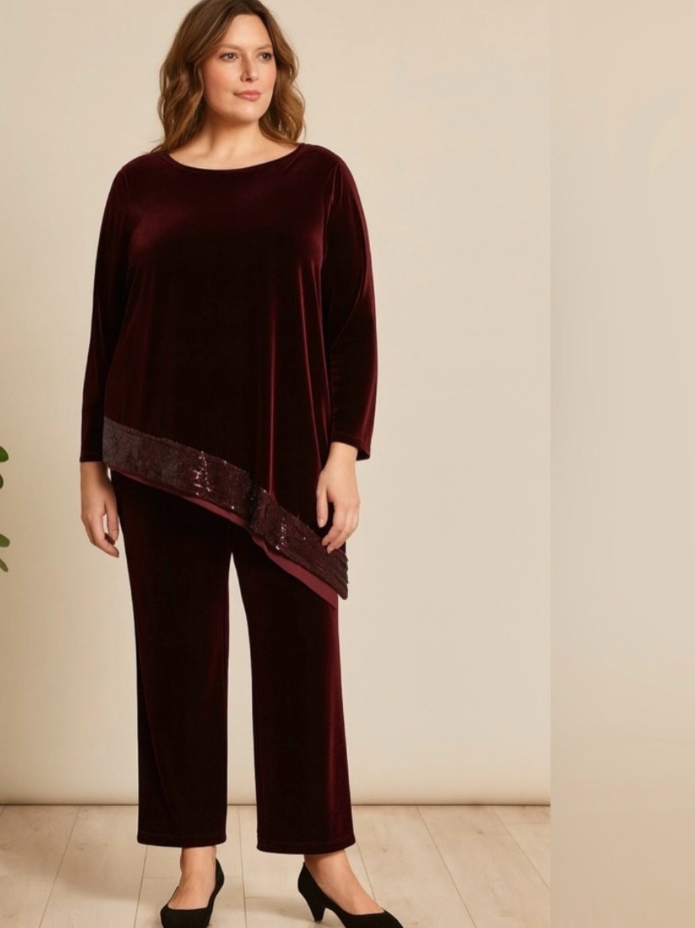 Chico’s Travelers Collection Velvet 2-Piece Tunic & Pants Set Dark Mulberry  EUC